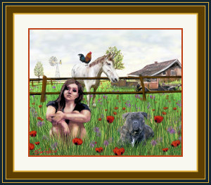 Girl-waiting-with-dog-a-horse-and-rouster-a2f.webp